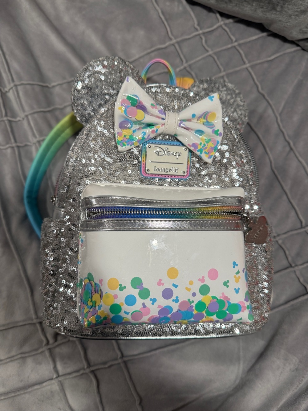 Disney Loungefly Silver Sequin Minnie Ear Mini Backpack with Confetti Bow